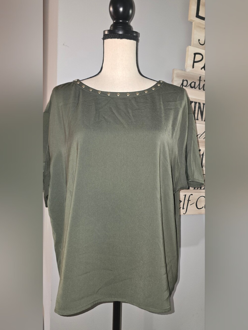 Michael Kors Olive Stud-Trim Short Sleeve Blouse